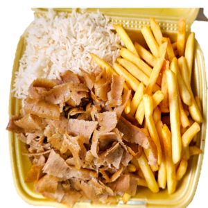 PLATO CON CARNE  , ARROZ Y PATATAS